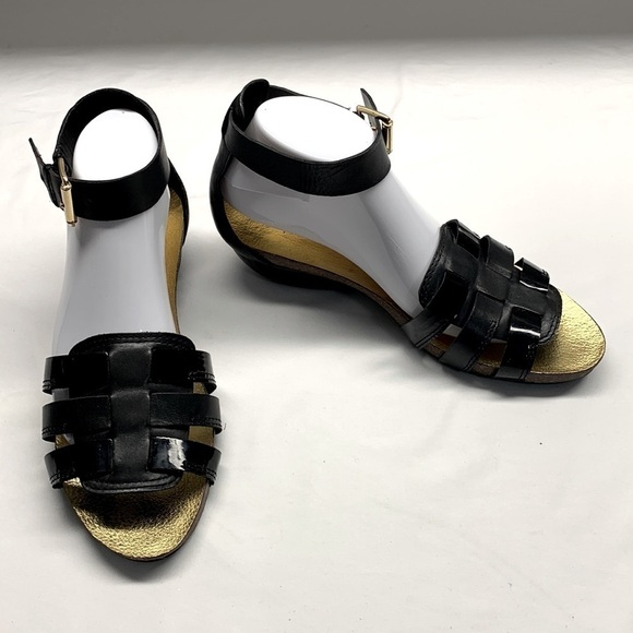 Vince Camuto Lora Leather Ankle Strap Sculpted Heel Sandals Size 10 Black - Picture 1 of 14